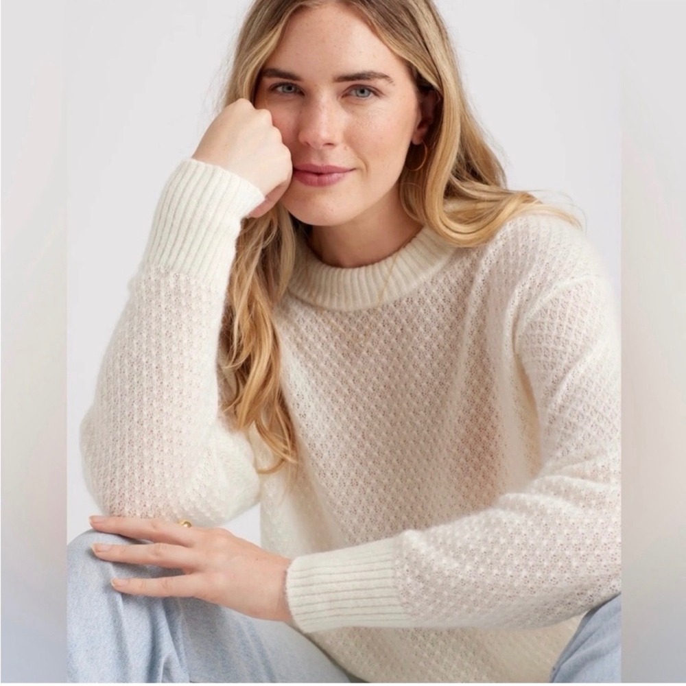 Quince Baby Alpaca Wool Diamond Stitch Crew Neck Sweater in Ivory Cream SZ S